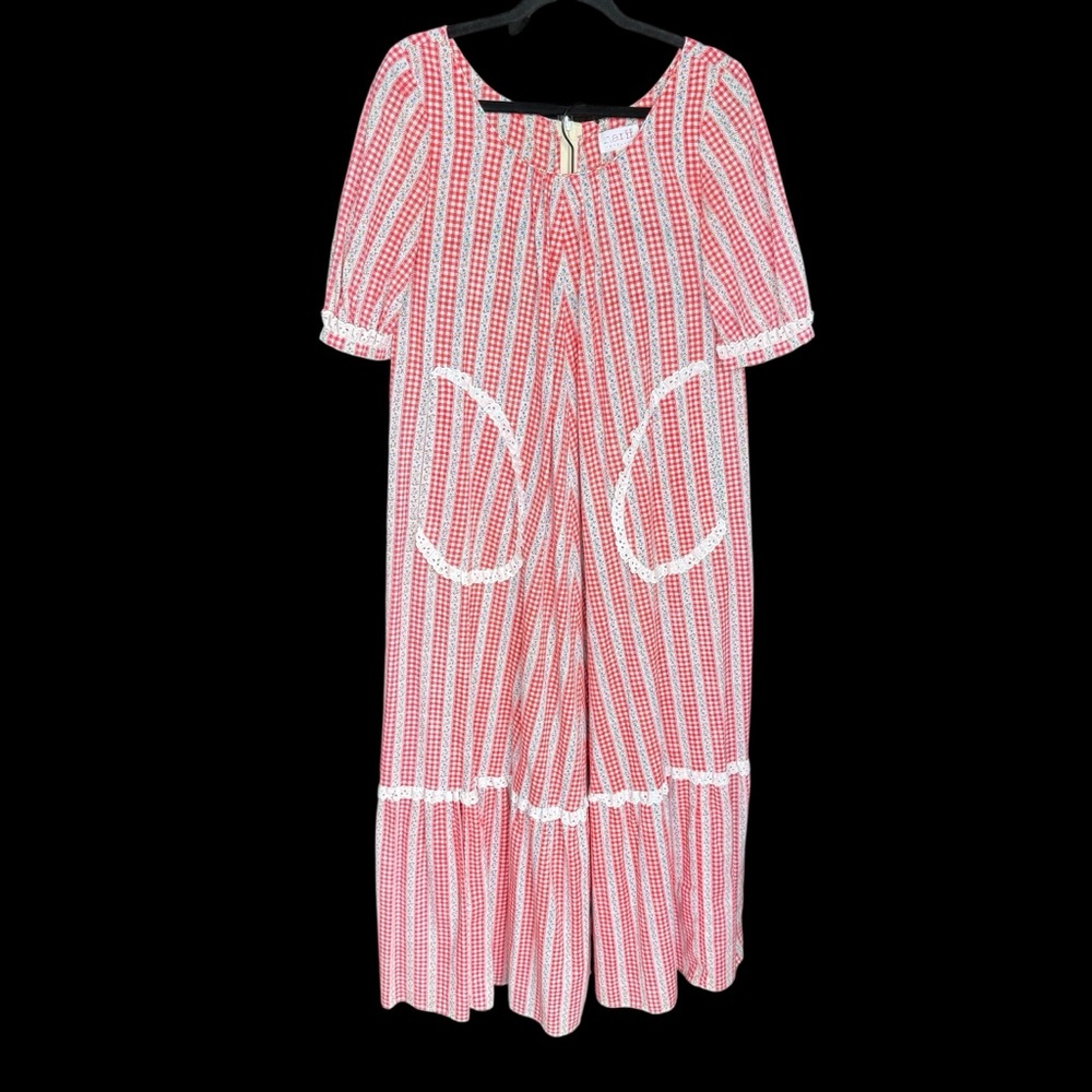 Vintage Nalii Hawaii Muumuu Long Dress Plaid Gingham Flowers Lace Trim Fits 8-10